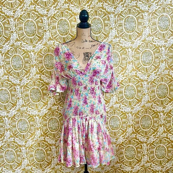 NWT ByTiMo Floral Smocked Ruffle Chiffon Mini Dress in Summer Flowers size S - Picture 7 of 13
